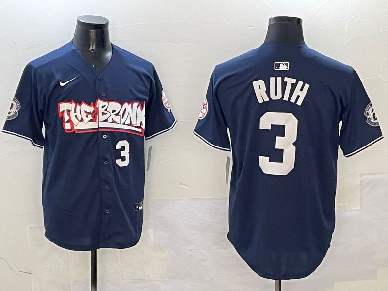 Men New York Yankees 3 Ruth Drak Blue four generations Joint Name 2025 Nike MLB Jersey style 5